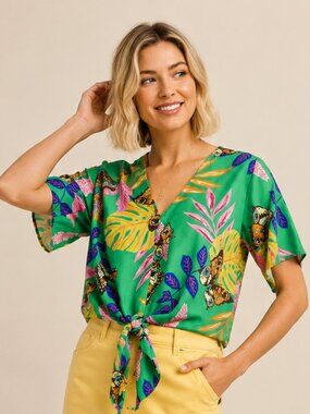 NWT Gigio L 12 Jade Green Tropical Butterfly Tie Front Short Sleeve Top Cruise